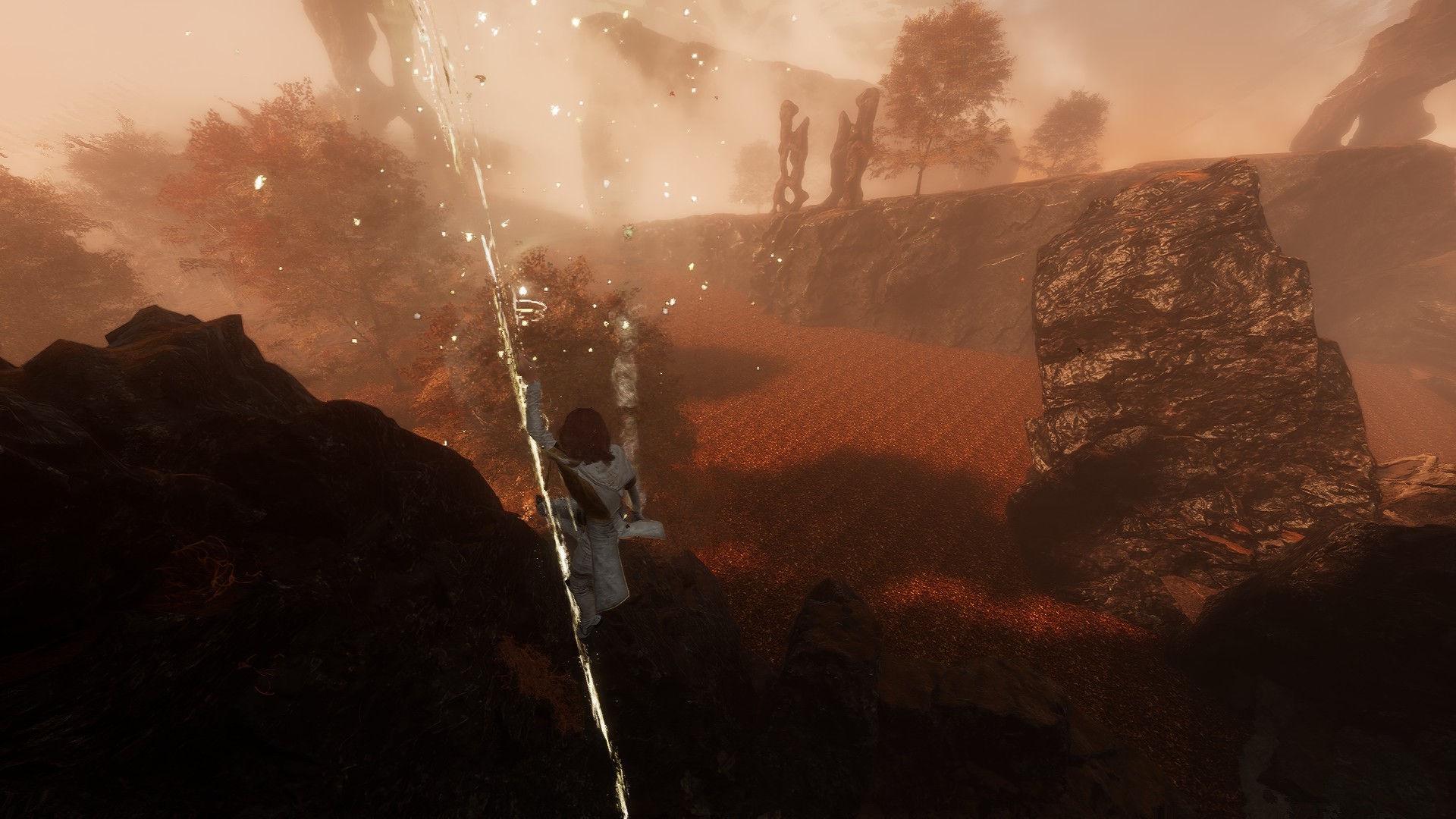 In the distance, a repeating orange leaf texture